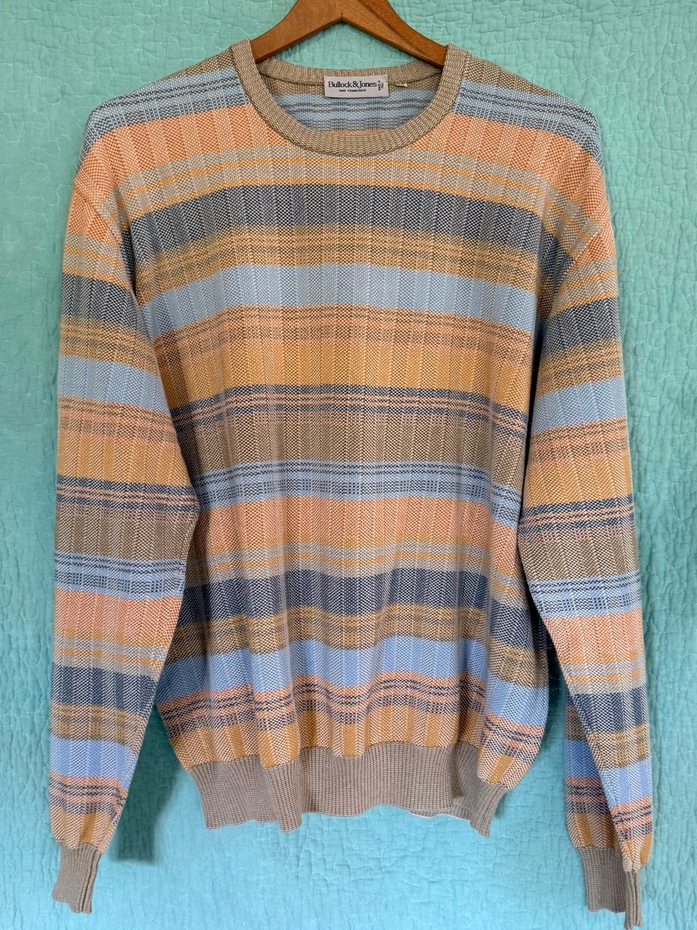 Vintage Bullock & Jones Cotton Striped Sweater - Light Blue, Tan & Peach - XL